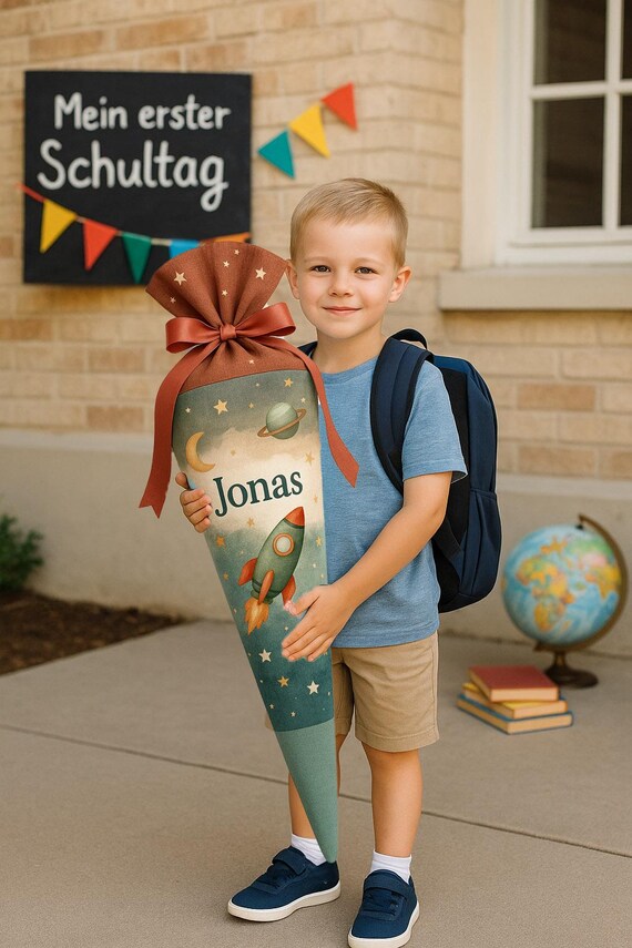 School cone space, candy cone, rocket, planets, stars, galaxy, school enrollment boy, back to school gift, personalized, with name