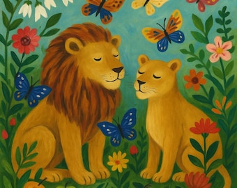 Original painting "Lions in a blooming garden" – Hand-painted on canvas | Poetic animal art with butterflies