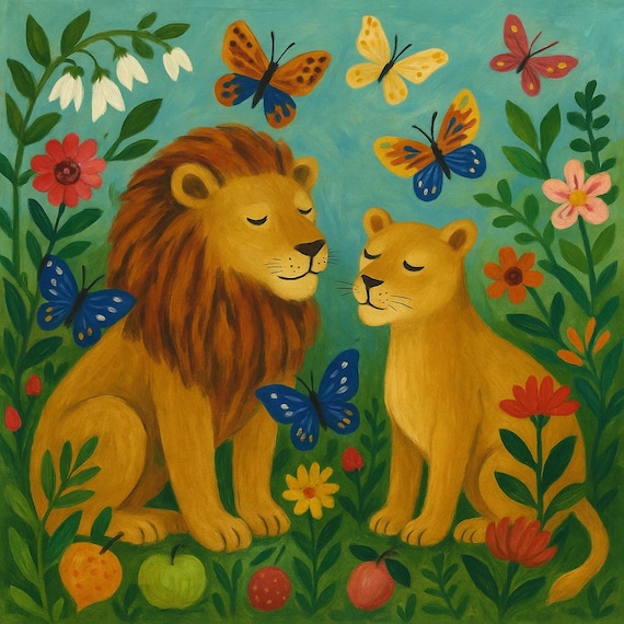 Original painting "Lions in a blooming garden" – Hand-painted on canvas | Poetic animal art with butterflies