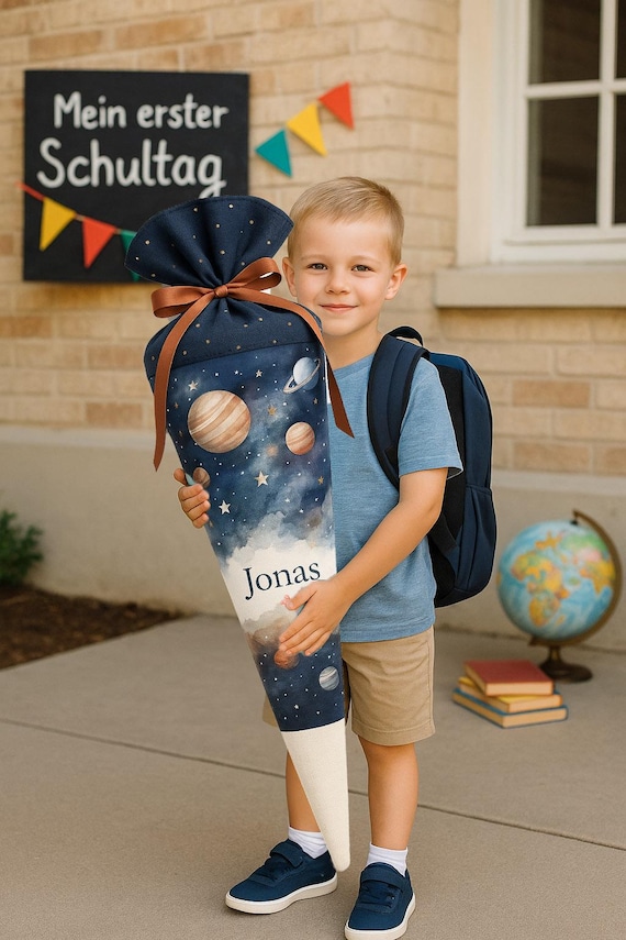 School cone space, candy cone, rocket, planets, stars, galaxy, school enrollment boy, back to school gift, personalized, with name