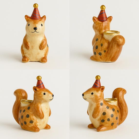 Hand-painted ceramic squirrel figure – clay candle holder, 7 cm wide, birthday decoration, handmade animal figure