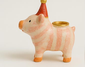 Pig candle holder birthday, hand-painted figure, animal candle holder, birthday decoration, gift idea, party decoration, handmade, unique