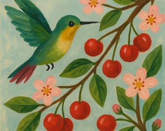 Hand-painted mini painting "Hummingbird and Cherry Blossoms" – romantic gift with nature motif