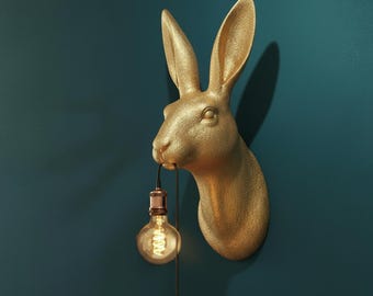 Golden rabbit wall lamp – hand-painted and lacquered, elegant designer wall decoration with light object, modern home accessory