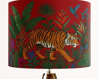 Tropical lampshade with tiger – Exotic hanging lamp in red, jungle design, handmade luxury lamp for the living room