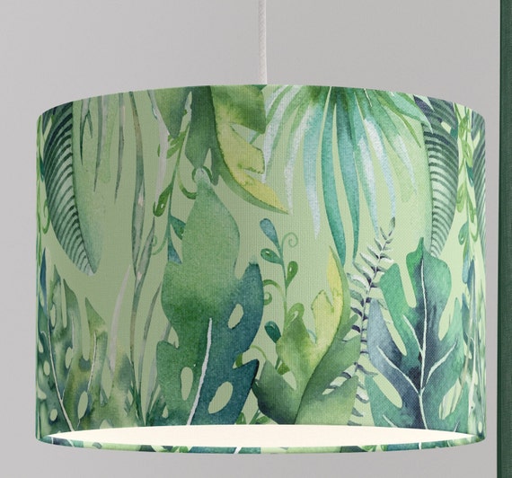 Tropical Lampshades - Natural Jute Drum Lampshades with Green Leaf Print Ideal for Table and Floor Lamps - Handmade