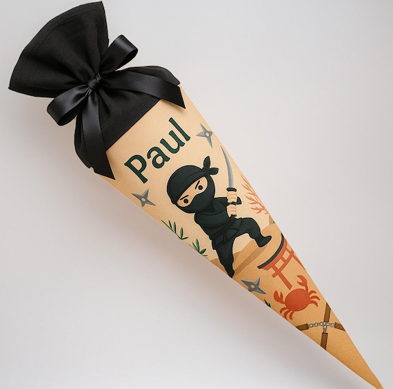 School cone Ninja, candy cone, school enrollment boy, fighter, mask, swords, back to school gift, personalized, with name, action
