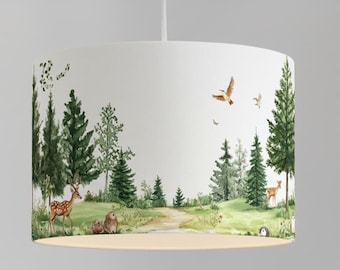 Woodland Animals Lampshade – Children's Room Floor & Pendant Lamp | Hand-illustrated woodland motif with deer