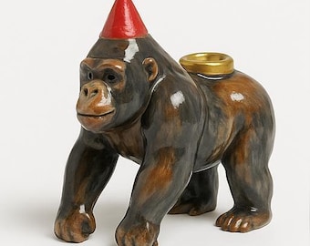 Gorilla birthday candle holder, hand-painted figure, animal candle holder, birthday decoration, gift idea, party decoration, handmade, unique