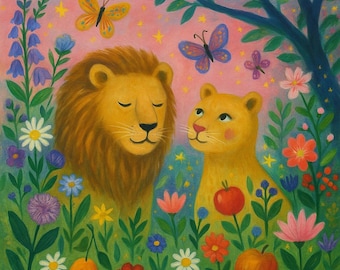 Original painting "Lions in a blooming garden" – Hand-painted on canvas | Poetic animal art with butterflies