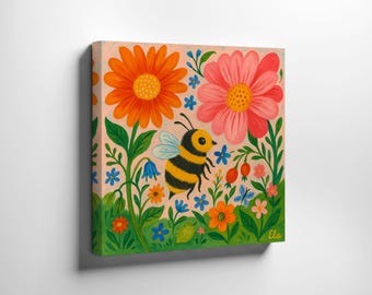 Original painting "Bee in the Flower Garden" – Hand-painted on canvas | Poetic animal and nature art