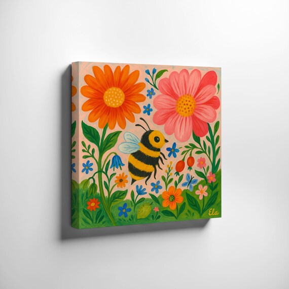 Original painting "Bee in the Flower Garden" – Hand-painted on canvas | Poetic animal and nature art