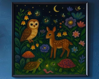 Original Painting "Night Forest" – Hand-Painted on Canvas | Animals & Fireflies | Magical Nursery Art