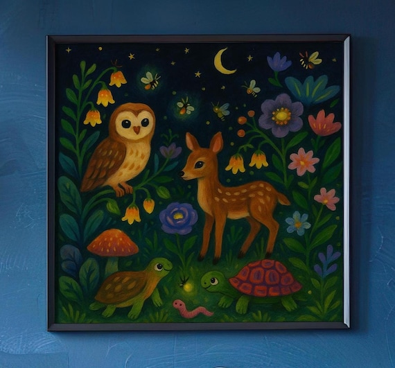 Original Painting "Night Forest" – Hand-Painted on Canvas | Animals & Fireflies | Magical Nursery Art