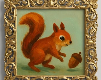Hand-painted mini painting "Squirrel with acorn" in a golden frame – ideal gift for nature lovers