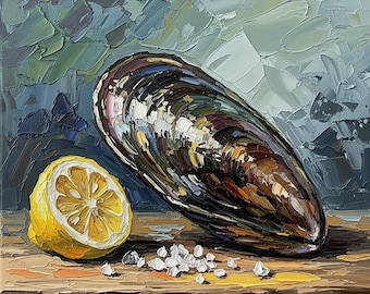 Original painting "Shell with Lemon" – modern still life in oil and acrylic, textured painting with palette knife technique on canvas