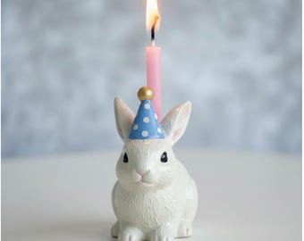 Rabbit candle holder with party hat – handmade animal figurine, unique birthday candle for children's birthdays