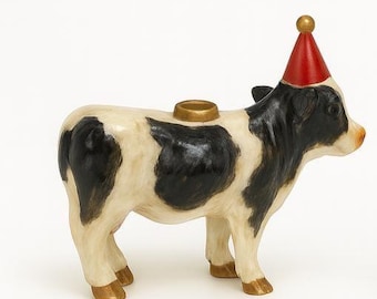 Hand-painted ceramic figure “Cow with party hat” – Clay candle holder