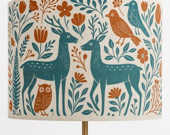 Lampshade Deer & Owl – Scandinavian forest lamp in cream, natural design, handmade, Nordic home lighting