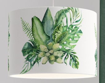 Tropical Lampshades - Natural Jute Drum Lampshades with Green Leaf Print Ideal for Table and Floor Lamps - Handmade