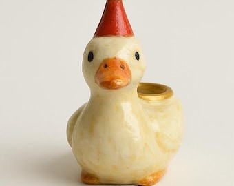 Hand-painted cake topper “Duck with party hat” – Clay candle holder