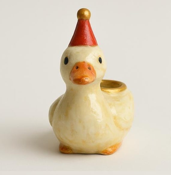 Hand-painted ceramic figurine “Duck with party hat” – Clay candle holder