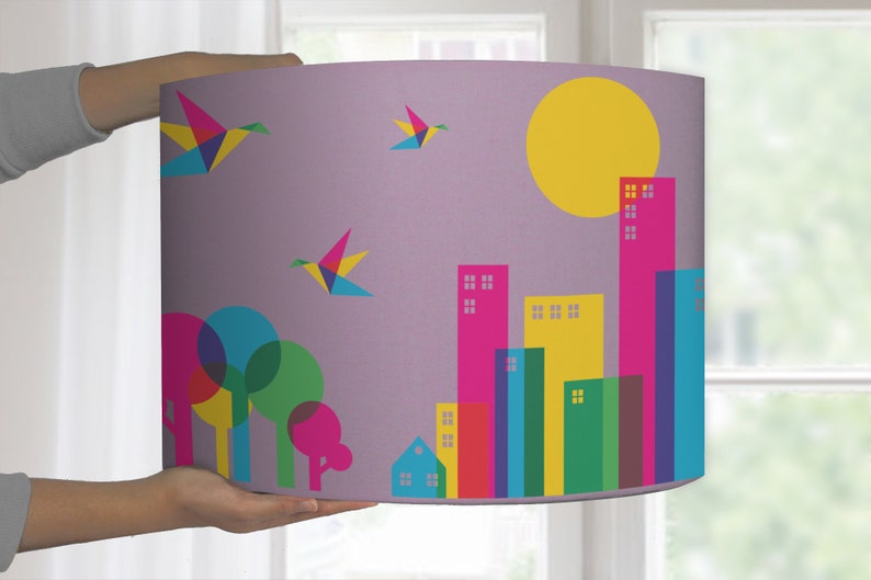 Lampshade graphic pattern city bird tree bedroom nursery floor lamp baby kitchen lamp colorful