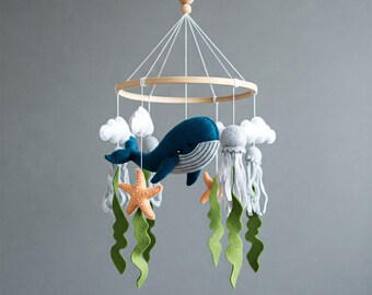 Magical whale mobile - baby mobile hand-sewn from felt