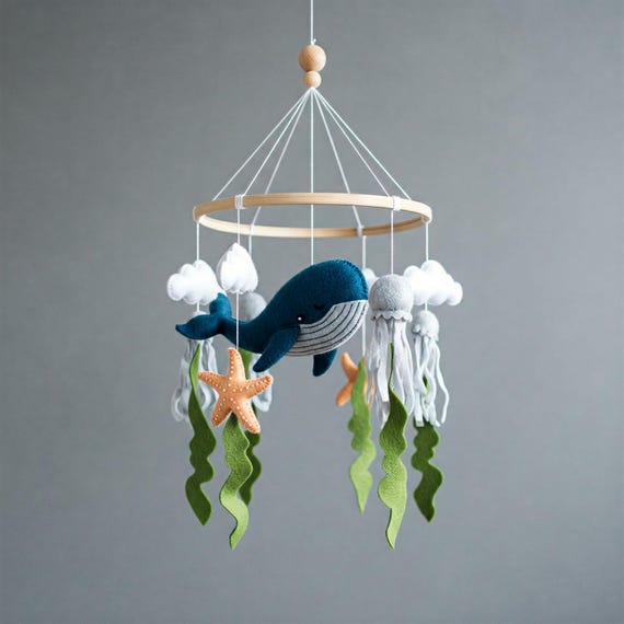 Magical whale mobile - baby mobile hand-sewn from felt