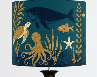 Handmade lampshade “Under the Sea” – Maritime design with turtle & corals