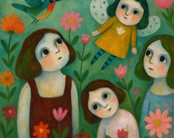 Original painting "Fairytale Garden" – Hand-painted on canvas | Children, fairies & flowers | Poetic art for children's rooms