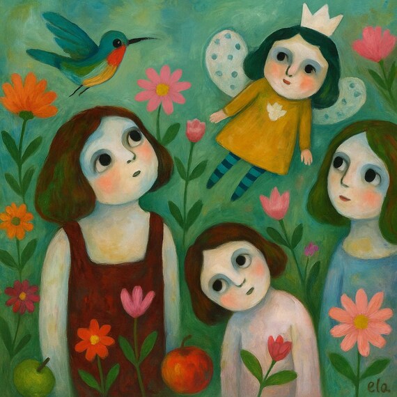 Original painting "Fairytale Garden" – Hand-painted on canvas | Children, fairies & flowers | Poetic art for children's rooms