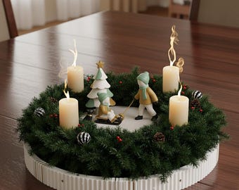 Advent wreath with hand-painted figures – handmade winter decoration