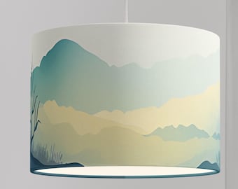 Slatted shade sky mountain landscape green hanging lamp on organic cotton