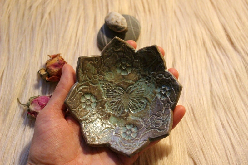 Pottery handmade Handmade ceramics Ring dish Small gift Jewelry holder Tea light candle holder with Butterfly Small jewelry dish