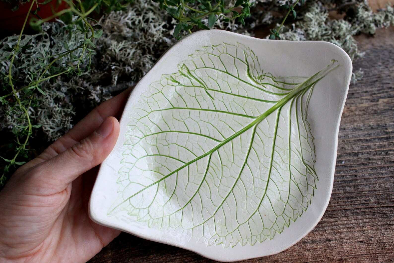 White Leaf Plate Handmade Ceramics Plate With Leaf Imprint Etsy