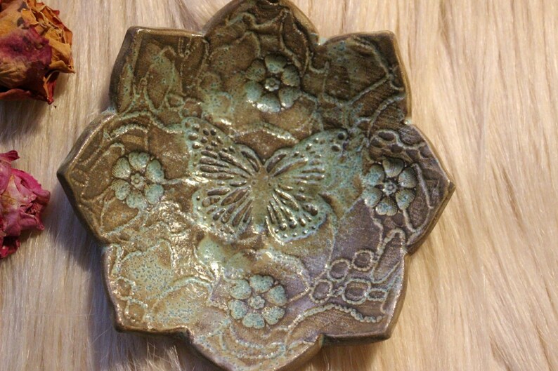Pottery handmade Handmade ceramics Ring dish Small gift Jewelry holder Tea light candle holder with Butterfly Small jewelry dish
