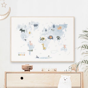 Illustrierte Weltkarte, Karte für Kinderzimmer, Karte für Kinder, Weltkarte, Weltkarte für Mädchen, Kinderzimmer, Kinder Karte