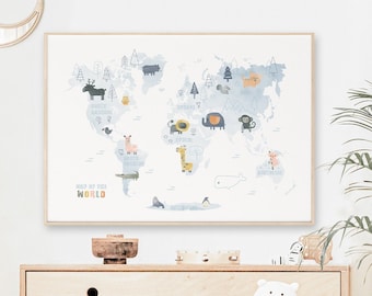 保育園の動物の世界地図 - 印刷可能、イラスト入りの世界地図、プレイルームアート、世界地図のイラスト、子供向けの世界地図プリント、教育