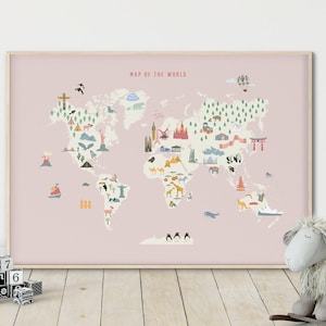 Kinder Karte der Welt - PRINTABLE, Rosa Illustrierte Tier Weltkarte