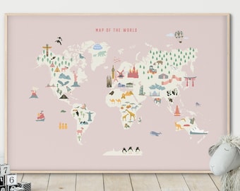 Kids Map of the World - PRINTABLE, Pink Illustrated animal world map