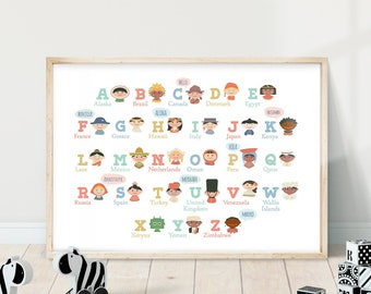 Alphabet ABC art print - PRINTABLE, Alphabet Print Kids Wall Art, educational colorful Children of the World nursery decor poster