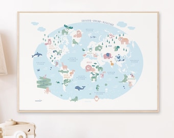 Animal World Map Print, Kids Nursery Decor (Digital Download)