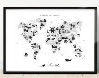 Impresión de mapa del mundo en blanco y negro: decoración infantil (descarga digital)