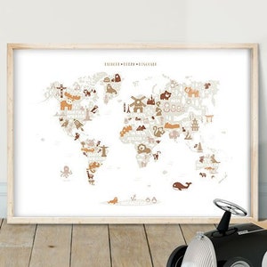 Landkarte der Welt - PRINTABLE, Boho Weltkarte, Wandkunst Kinderzimmer Wandkunst, Kinderzimmer Dekor, Boho Kinderzimmer Dekor