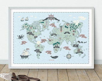 World Map Vintage Style Poster Illustrated World Map Etsy