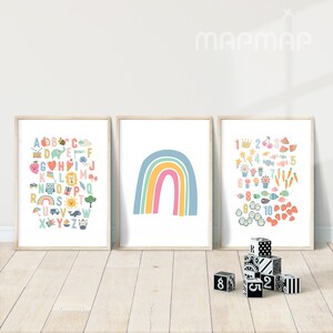 Abc Wall Art SET of 3 - PRINTABLE, ABC + Numbers + Rainbow  Print, educational colorful Abc nursery decor poster