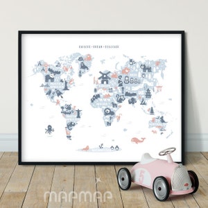 Animals World Map - Explore Dream Discover, PRINTABLE Illustrated world map, Nursery Wall Art, Educational Poster, Nursery Prints