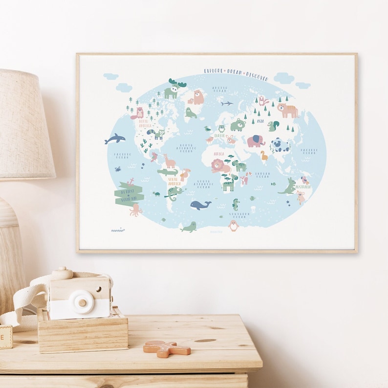 May include: A light blue world map with a white outline and various animals from different continents. The map is surrounded by a light blue border with the words "Explore - Dream - Discover" at the top.
