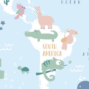 May include: A colorful illustration of South America with animals native to the continent. The illustration features a pink flamingo, a green chameleon, a green alligator, a pink llama, and a pink bird. The text "South America" is written in orange letters.